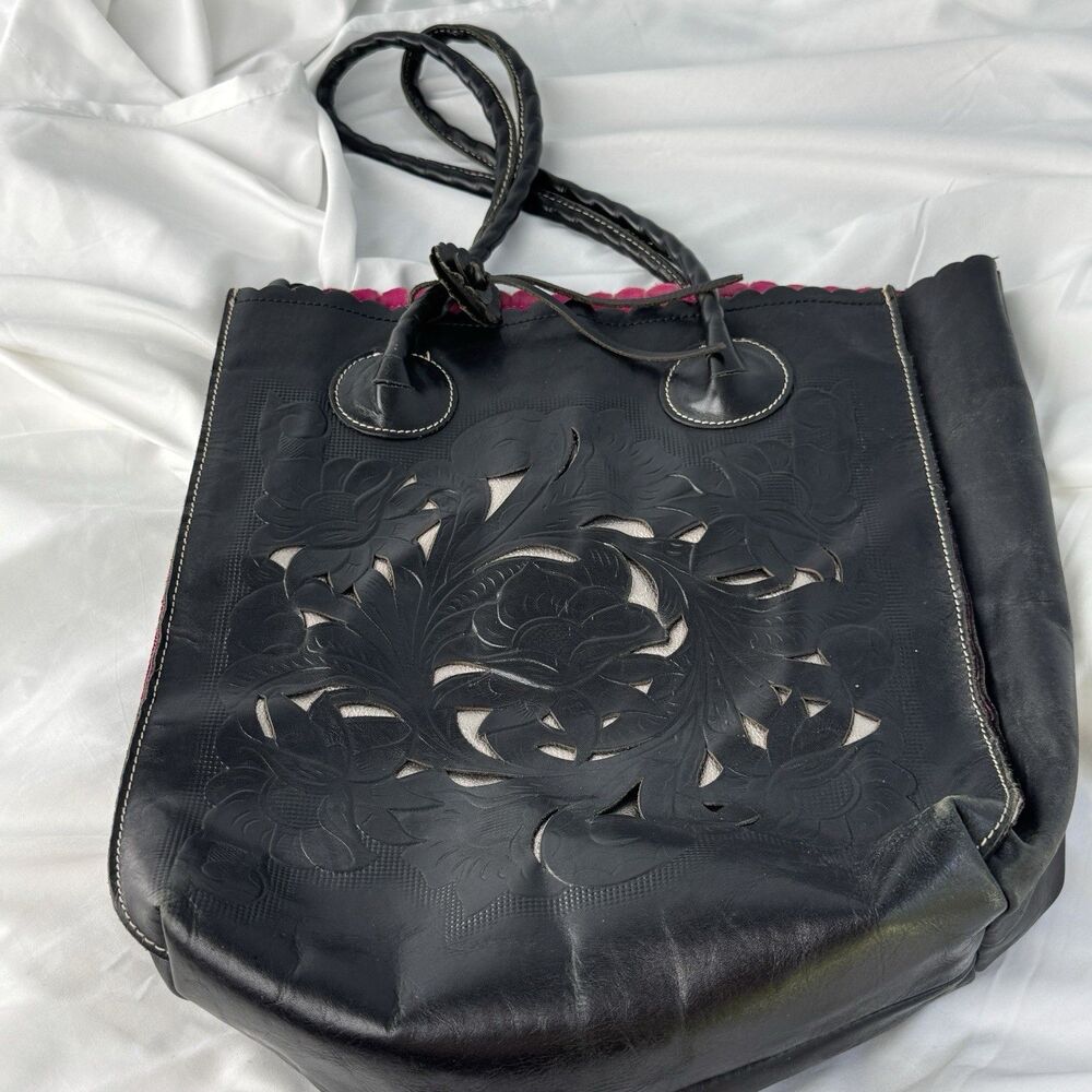 Patricia Nash Leather Tote Handbag Black Tooled Cutout 13x16 Pink Int Dustbag